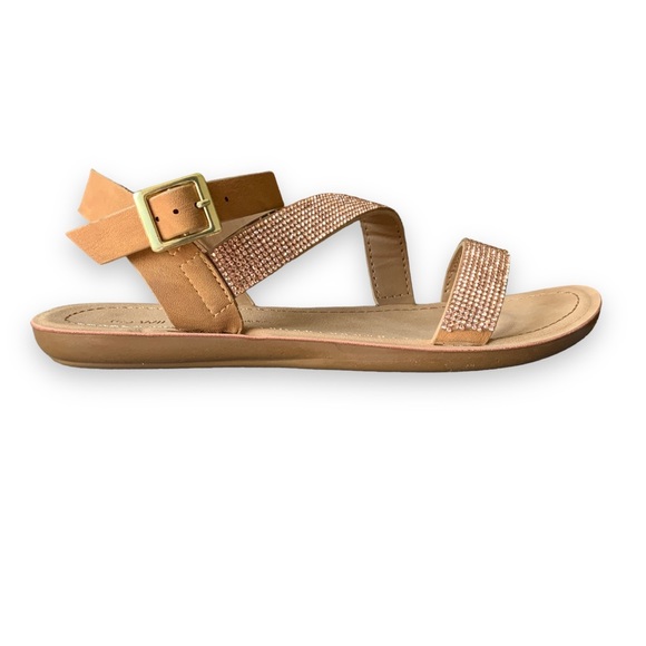 Vegan Leather Faux Rose Gold Rhinestone Detail Side Buckle Sandals - Picture 2 of 10
